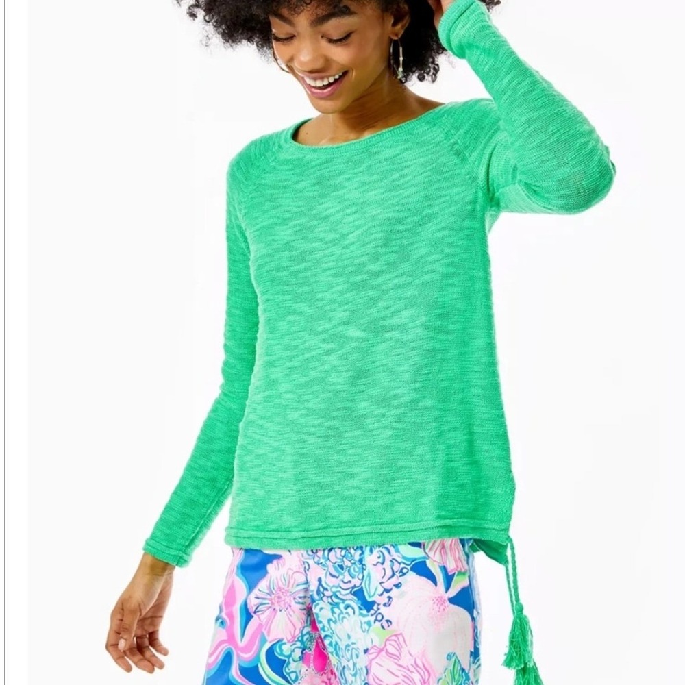 Lilly Pulitzer Sweater Jody S Green V-Neck Tassel Hem Cotton Blend Raglan Sleeve